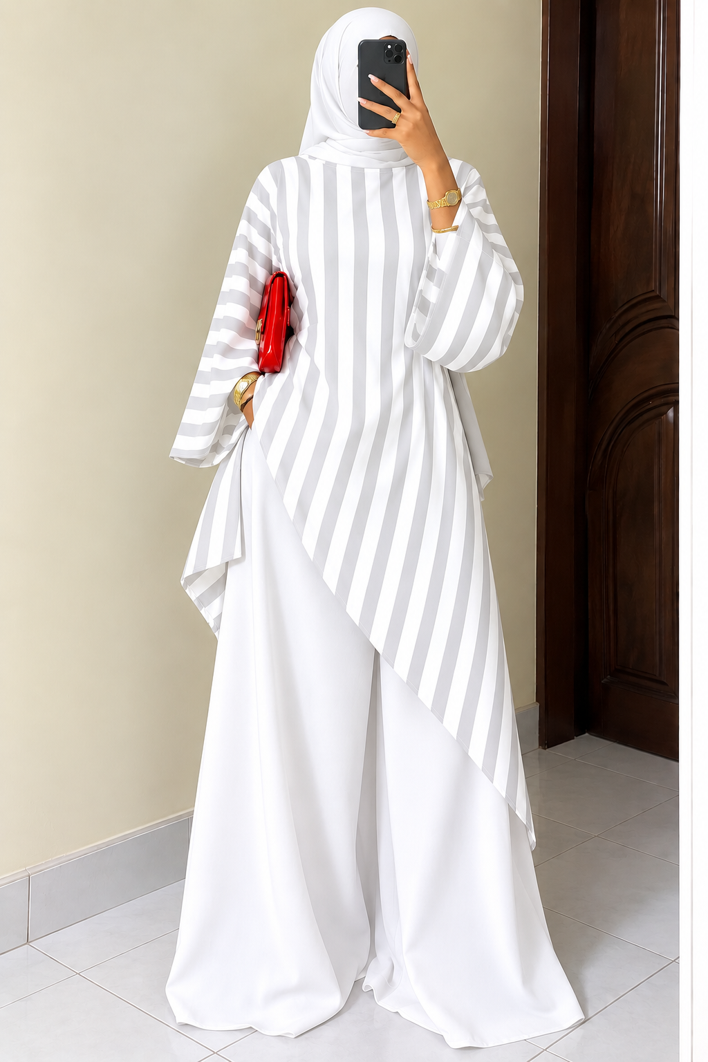Ensemble Abaya Rayé Asymétrique Bleu & Blanc