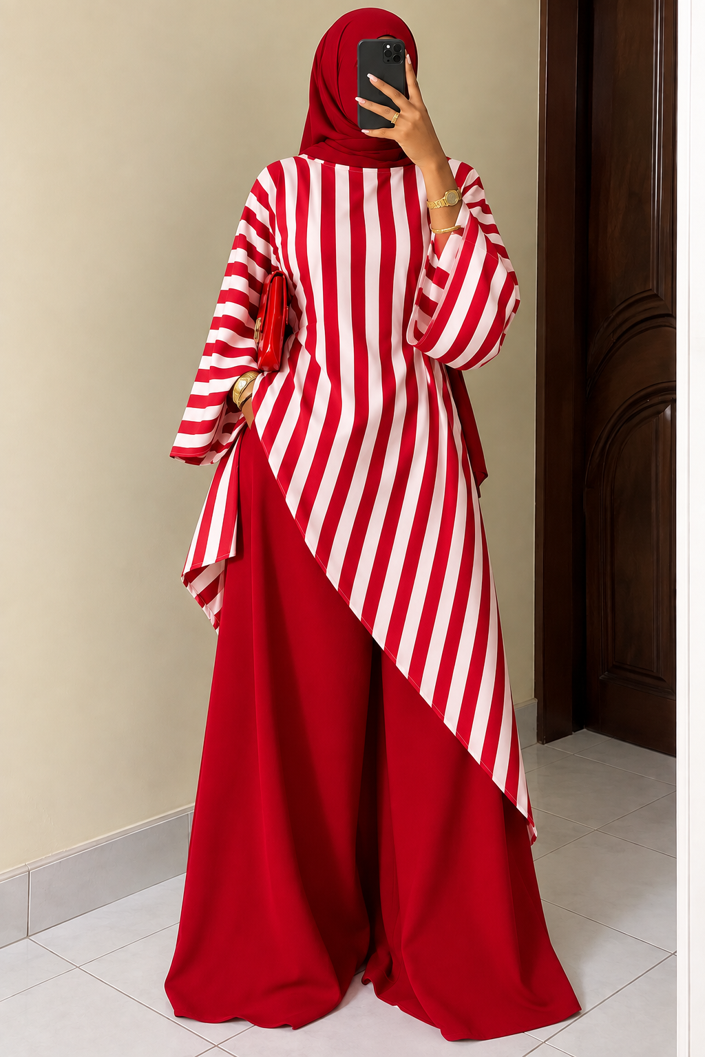 Ensemble Abaya Rayé Asymétrique Bleu & Blanc