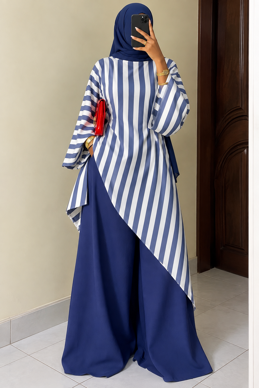 Ensemble Abaya Rayé Asymétrique Bleu & Blanc