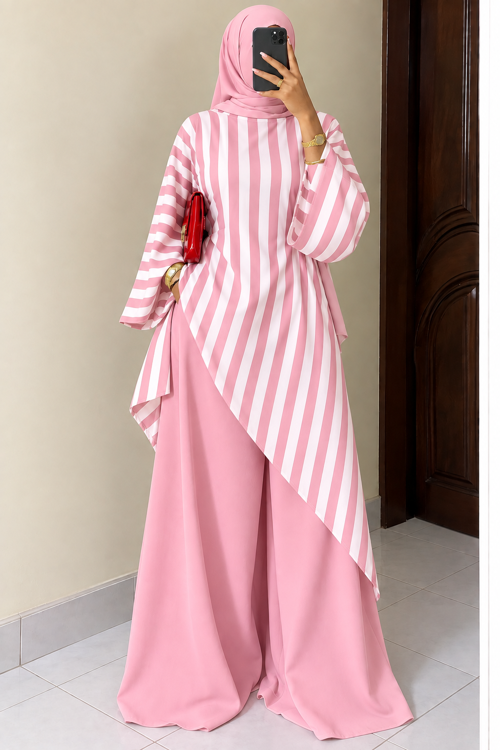 Ensemble Abaya Rayé Asymétrique Bleu & Blanc